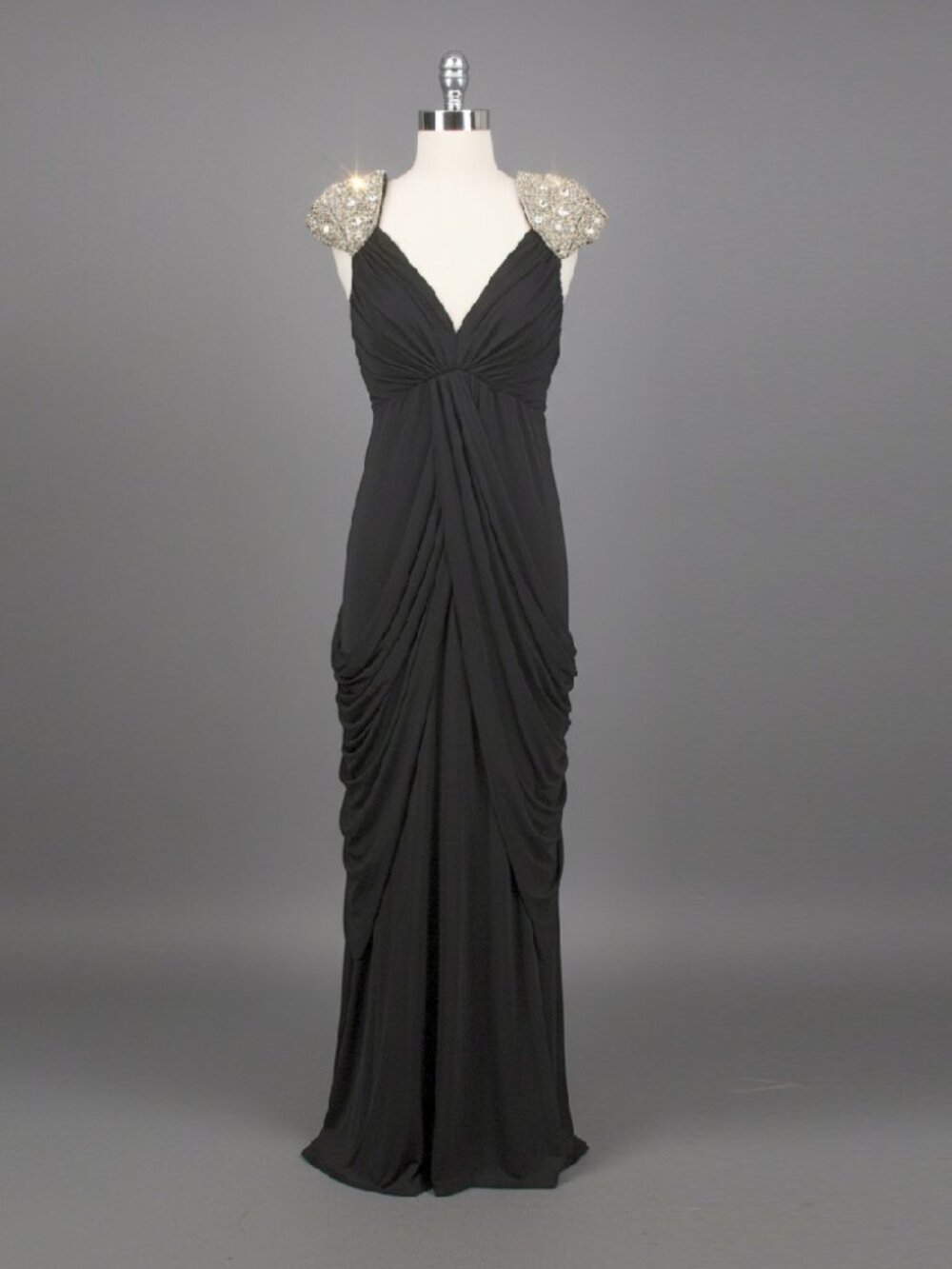 Black Draped Dress Gown Beaded Cap Sleeves